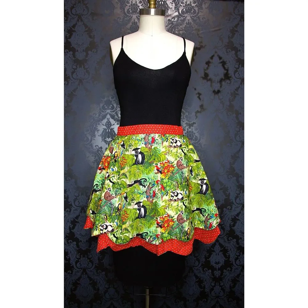 50s Pin Up Style Handmade Apron Red Polka Dot Jungle Theme Tie One Of A Kind